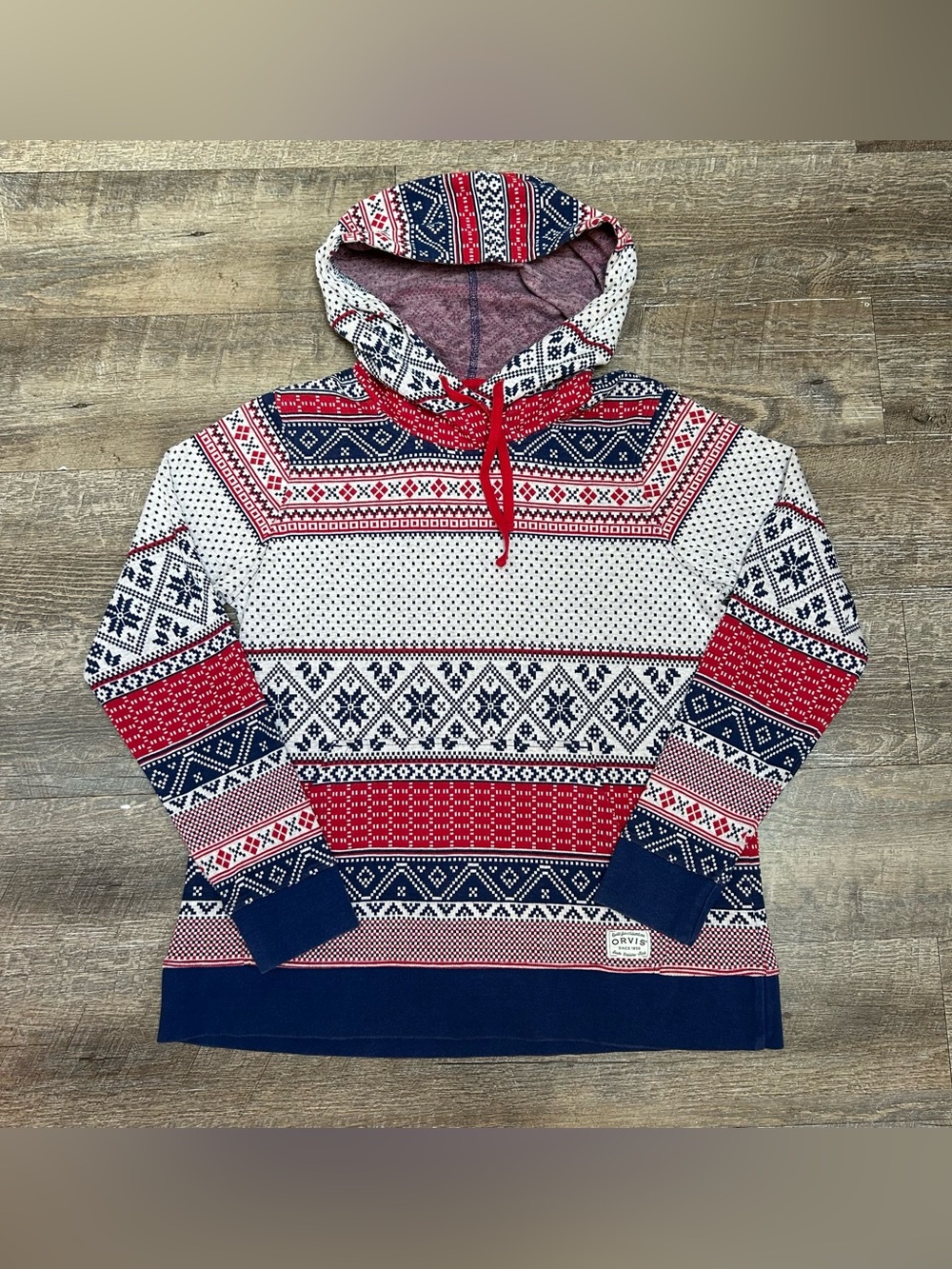 Orvis Red Navy White Nordic Fair Isle Women’s Pullover Hoodie